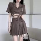 Set: Short-sleeve Plaid Crop Shirt + Pleated A-line Skirt