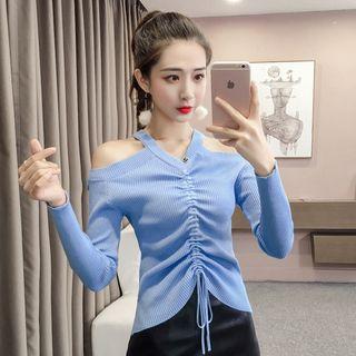 Off-shoulder Halter Drawstring Knit Top