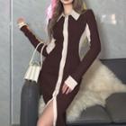 Long-sleeve Contrast Trim Button-up Midi Sheath Dress