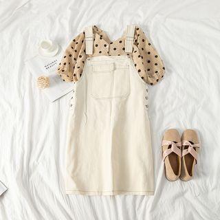 Set: Dotted V-neck Shirt + Denim Jumper Dress