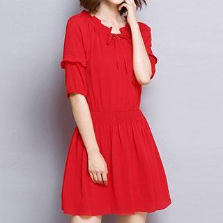 Frill Collar Band Waist Elbow Sleeve Dress