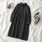 Long-sleeve Plaid Collared Midi Dress Plaid - Black - One Size