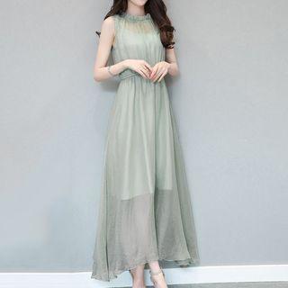 Plain Ruffled Sleeveless Midi A-line Dress