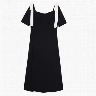 Short-sleeve Square-neck Tie-shoulder Midi A-line Dress