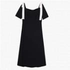 Short-sleeve Square-neck Tie-shoulder Midi A-line Dress