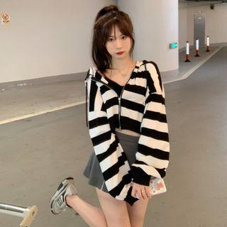 Striped Hooded Zip Cropped Jacket / Side-slit Mini Pencil Skirt