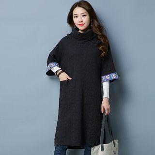 Flower Embroidered Mock Neck 3/4 Sleeve Dress