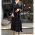 Long-sleeve V-neck Dotted Midi Dress