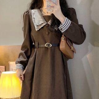 Long-sleeve Argyle Panel Corduroy Midi Dress With Belt
