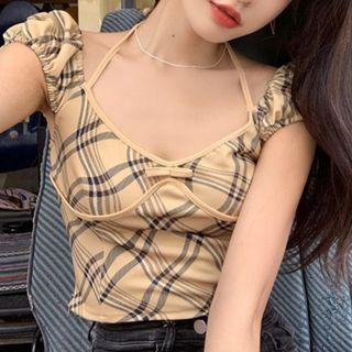 Cap-sleeve Plaid Crop Top