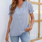 Short-sleeve V-neck Lace-trim Dotted Top