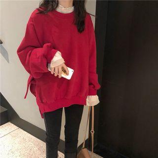 Side-slit Plain Sweatshirt / Turtleneck Bell-sleeve Blouse