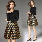 Mock Two-piece Long-sleeved Crewneck A-line Plain Panel Long Dress
