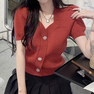 Puff-sleeve Square Neck Plain Button Knit Top / Plain Pleated Skirt