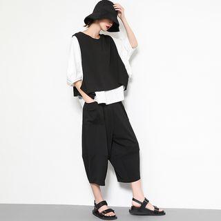 Set: 3/4 Sleeve T-shirt + Sleeveless Vest + Cropped Wide- Leg Pants