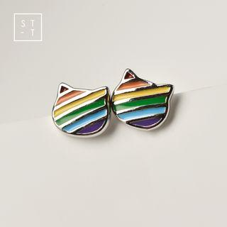 925 Sterling Silver Rainbow Cat Stud Earring As Shown In Figure - One Size