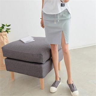 Drawstring-waist Slit-hem Skirt