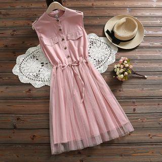 Pocketed Mesh Panel Sleeve Dress