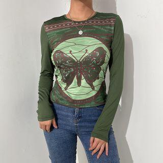 Butterfly Printed Round Neck Long Sleeve Top