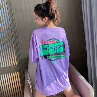 Ruched Slit Lettering Elbow-sleeve T-shirt