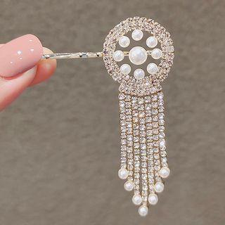 Faux Pearl Rhinestone Fringed Hair Pin Ly634 - Faux Pearl & Rhinestone - White & Light Gold - One Size