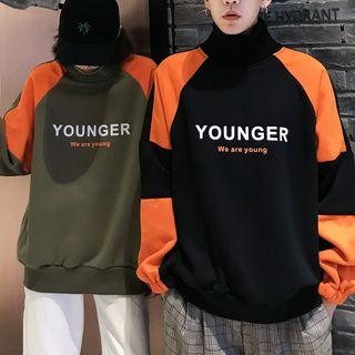 Couple Matching Turtleneck Lettering Color Panel Sweatshirt