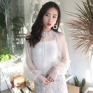 Set: Plain Camisole Top + Long-sleeve Mesh Top