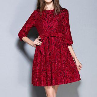 Lace Elbow Sleeve A-line Dress