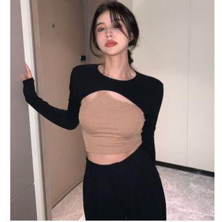 Long-sleeve Crop Top / One-shoulder Camisole Top