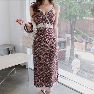 Spaghetti Strap Lace-trim Maxi Floral Dress