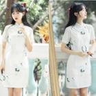 Short-sleeve Crane Print Mini Sheath Qipao Dress