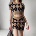 Short-sleeve Cropped Argyle Knit Top / Mini Fitted Skirt / Set