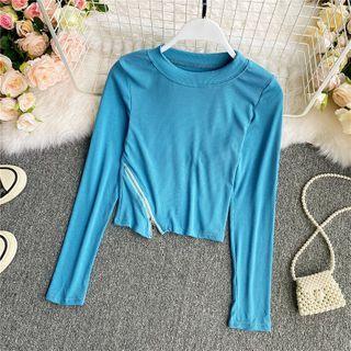 Zip-detail Round-neck Cropped Long-sleeve Top