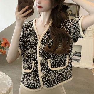 Short-sleeve Pattern Button-up Blouse