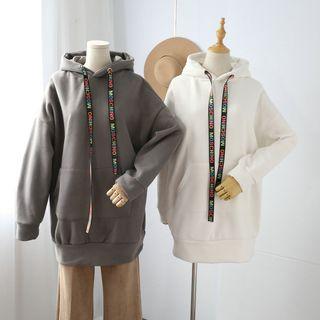Plain Long-length Hoodie With Lettering Strap