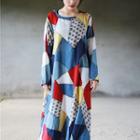 Long Sleeve Patterned Tent Dress Red & Blue & Yellow - One Size