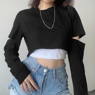 Ripped Sleeve Mock Two Piece Crop Top