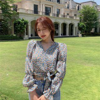 Floral Long-sleeve Tie-hem Cropped Blouse Blue - One Size