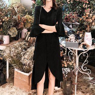 Flared-sleeve Front-slit Shift Dress