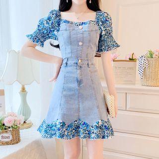 Set: Floral Print Panel Puff-sleeve Denim Blouse + Mini A-line Skirt