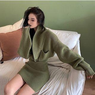 Irregular Cardigan / Slim-fit Knit Skirt