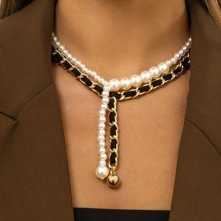 Set: Faux Leather Alloy Y Necklace + Faux Pearl Y Necklace