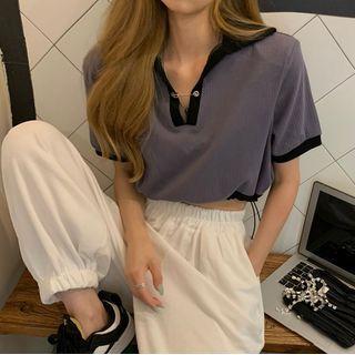 Elbow-sleeve Collared Crop Top