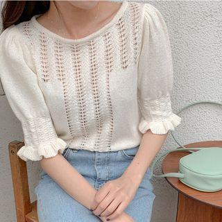 Short-sleeve Eyelet Knit Blouse