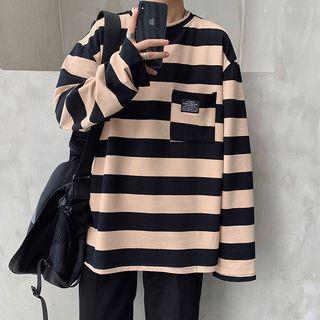Pocket-front Color-block Stripe Long-sleeve Top