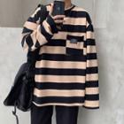 Pocket-front Color-block Stripe Long-sleeve Top
