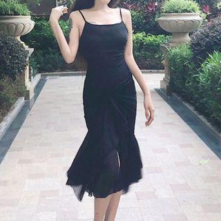 Spaghetti Strap Frill-trim Midi Sheath Dress