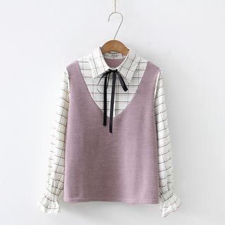 Mock Two-piece Tie-neck Plaid Blouse