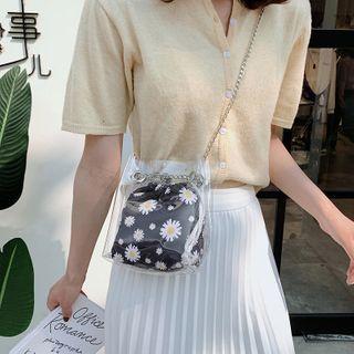 Set: Transparent Crossbody Bucket Bag + Floral Print Pouch