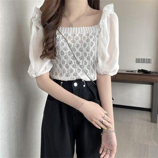 Puff-sleeve Paneled Pointelle Knit Top